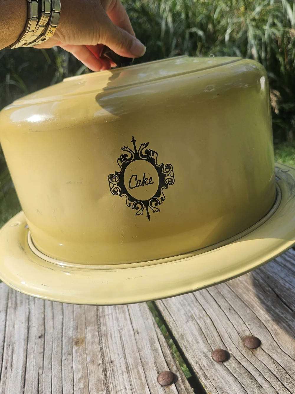 Yellow Cake Keeper with Decorative Emblem